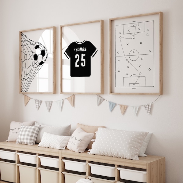 Personalisierte Fußball Poster, minimalistische Kinderzimmer Wandkunst, Jungen Schlafzimmer Fußball Dekor, Fußball-Poster für Kinder, Fußball-Trikot Name, bedruckbar