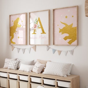 Girl Name Wall Art, Dinosaur Decor, Dinosaur Nursery Prints, Pink Nursery, Girl Nursery Decor, Gold Nursery Decor, Name print