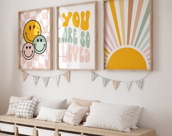 Arte de la pared de la guardería de la niña, juego de 3 impresiones, decoración de la habitación de las niñas, impresión del arco iris, decoración del tablero de ajedrez, arte maravilloso, arte de la pared imprimible