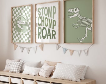 Dinosaur Skeleton Prints, Boys Room Wall Art, Dinosaur Decor, Set of 3 Printables, Sage Green,  T-Rex Poster, Stomp Chomp Rawr