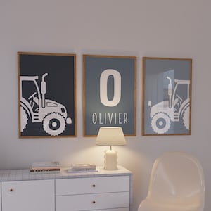 Tractor Wall Decor, Farmhouse Nursery Prints, Set of 3 Prints, Custom Name Wall Art, Tractor Wall Decor, Printable Art, Grey Color Scheme image 1