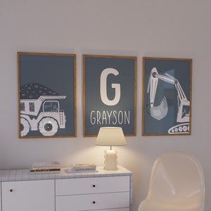 Construction Digital Prints, Boy Room Artwork, Custom Name, Construction Decor, Toddler Boy Prints, Dump Truck Print, Excavator Print