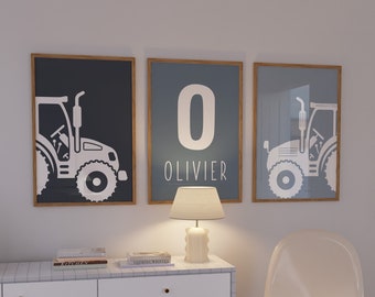 Décoration murale tracteur, impressions de chambre de ferme, lot de 3 impressions, nom personnalisé art mural, décoration murale tracteur, art imprimable, palette de couleurs gris