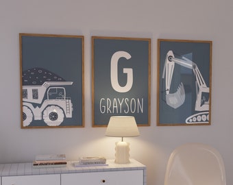 Construction Digital Prints, Boy Room Artwork, Custom Name, Construction Decor, Toddler Boy Prints, Dump Truck Print, Excavator Print