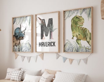 Custom Name Watercolor Dinosaur Nursery Wall Art Set of 3 Printable Posters