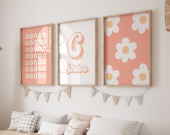 Estampados de margaritas personalizados, conjunto de 3 imprimibles, nombre personalizado maravilloso, decoración del dormitorio de la niña pequeña, decoración de la guardería rosa, arte de pared imprimible