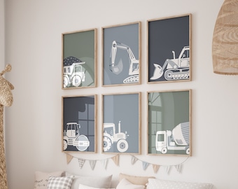 Construction Vehicles, Set of 6, Boys Room Wall Art, Construction Decor, Toddler Room Decor, Truck Prints, Instant Download