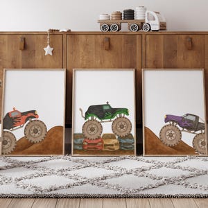 Watercolor Monster Truck Prints for Boys Room, Monster Truck Wall Art, Truck Nursery Decor, Off-Road Adventure Posters, Digital Download