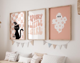 Girly Halloween Prints: Pink Ghost, Cat, Pumpkin - Set of 3 (Digital Download)