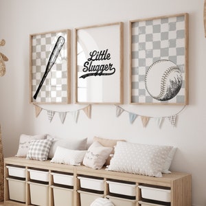 Retro Baseball Wall Art, Set of 3 Baseball Prints, Baseball Nursery Decor, Sport Nursery, Little Slugger, Baseball Bat, Printable Wall Art