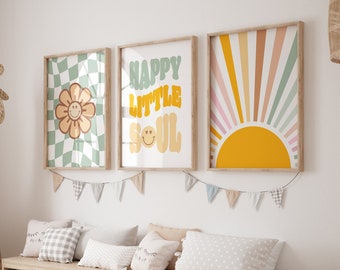 Arte de la pared de Daisy, impresiones de la guardería de las niñas, conjunto de 3, impresión del arco iris, arte del sol, decoración de la habitación de las niñas, guardería Groovy, guardería imprimible