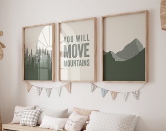 Mountain Nursery Decor, Retro Woodland Nursery Artwork, Forest Wall Art, Mountain Prints, You'll Move Mountains, Digital Download