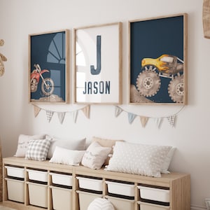 Monster Truck Print, Dirt Bike Poster, Custom Name, Set of 3, Transportation Art, Printable Wall Art, Boys Bedroom Decor, Digital Download