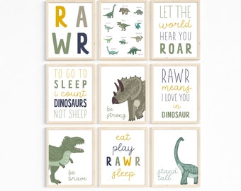 Mustard dinosaur wall art, Blue nursery art, Green nursery printables, Dinosaur bundle, Dino nursery wall art