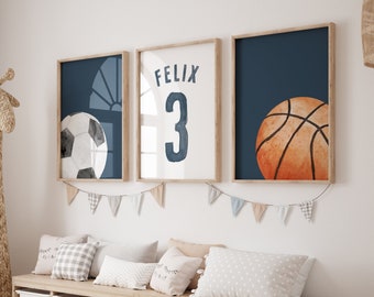 Arte de la pared de fútbol, impresiones de baloncesto, camiseta de nombre personalizado, conjunto de 3 impresiones, decoración de la habitación de los niños, decoración de la sala de fútbol, decoración del dormitorio de baloncesto