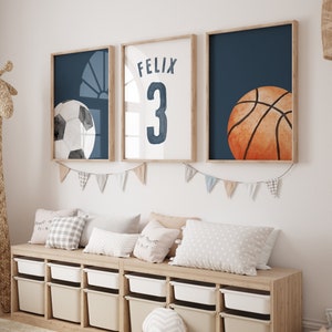 Arte mural de fútbol, impresiones de baloncesto, camisetas con nombre personalizado, juego de 3 impresiones, decoración de habitación de niño, decoración de habitación de fútbol, decoración de dormitorio de baloncesto