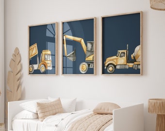 Trucks and Digger Wall Art, Toddler Room Decor, Boy Wall Art, Construction Bedroom Decor, Navy Wall Art, Instant Download