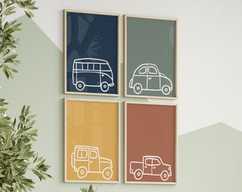 Classic Car Nursery Prints: Boy Room Decor, Set of 4 (Digital Download)