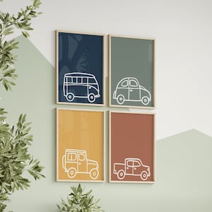 Impressions voiture, chambre d'enfant, imprimable lot de 4, décoration de chambre d'enfant garçon, affiche de voiture, affiche de voiture, voitures classiques, camping-car, affiche Suv, camionnette