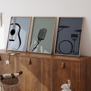 Music Wall Art, Music Room Decor, Guitar Poster, Drums Wall Art, Microphone Poster, Boys Bedroom Decor, Digital Download