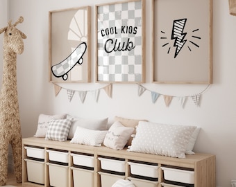 Cool Kids Club Print, Boys Wall Art, Set of 3, Lightening Bolt Print, Skateboard, Boys Wall Decor, Boy Bedroom Poster, Instant Download