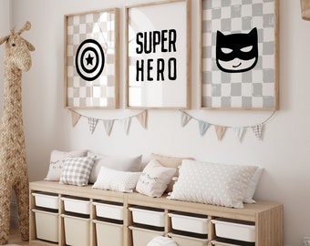 SUPERHERO Nursery Art, Set of 3, Light Gray and Oatmeal, Printable Wall Art, Nursery Wall Decor, Toddler Wall Art, Instant Download