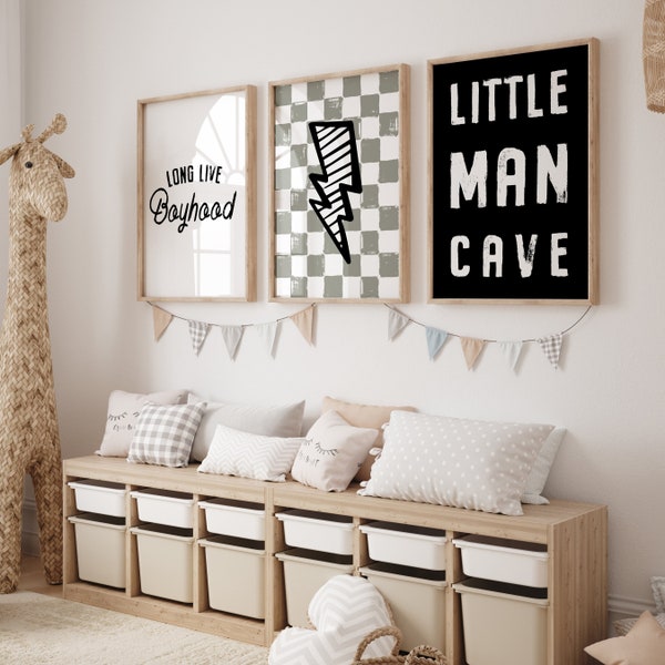 Little Man Cave, Retro Print Set, Boys Room Decor, Lightening Bolt Print, Long Live Boyhood, Boys Wall Art, SW Evergreen Fog, Printable Art