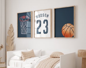 Basketball Poster, Boys Sports Print for Bedroom, Watercolor Custom Name, Basketball Prints, Set of 3, Basketball Wall Art, Digital Download