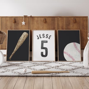 Baseball Wall Art, Baseball Nursery Decor, Baseball Print, Sports Gift, Watercolor Artwork, Custom Name and Number, Set of 3 Printable Files