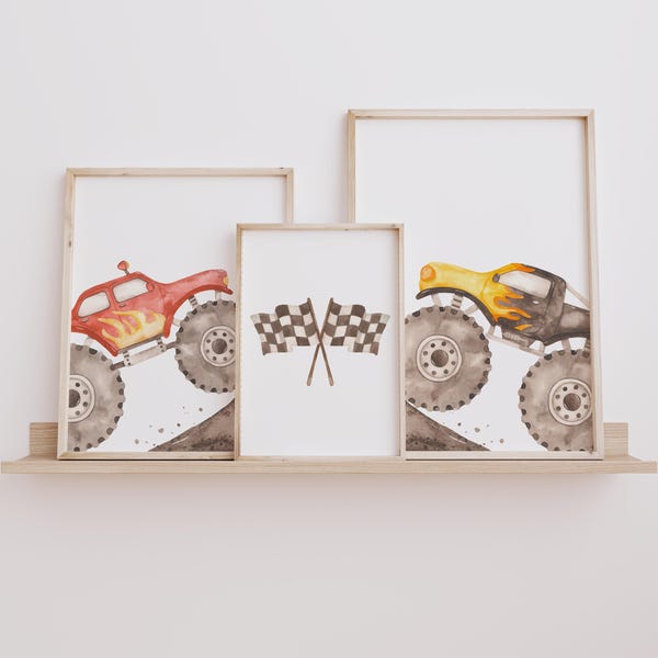 Watercolor Monster Truck Prints: Boys Room Decor Set (Digital Download)