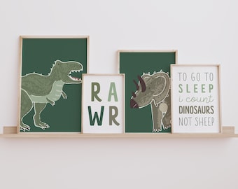Dinosaur Nursery Art Prints: Green Dino Decor, Set of 4 (Digital Download)