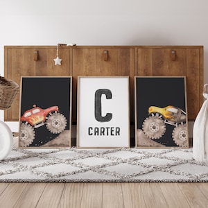 Monster Trucks Wall Art, Personalized Set Of 3 Prints, Watercolor Artwork, Boys Room Decor, Birthday Gift, Monster Truck Decor, Digital Art