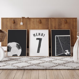 Soccer Wall Art, Boys Bedroom Decor, Soccer Prints, Set of 3, Sport Gift, Watercolor Artwork, Custom Name and Number, Digital Download