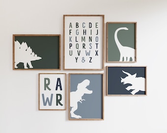 Dinosaur Nursery Decor, Set of 6 Prints, Dinosaur Prints, Alphabet Poster, Rawr Print, Dinosaur Decor, Nursery Printable, Instant Download