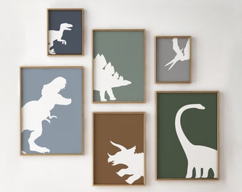 Conjunto imprimible de dinosaurios de 6, decoración de vivero de dinosaurios, arte de pared de dinosaurios, Triceratops, T-Rex, Velociraptor, Pterodáctilo, Descarga digital