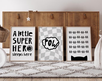 Superhero Nursery Prints: Monochrome Kids Room Decor (Digital Download)