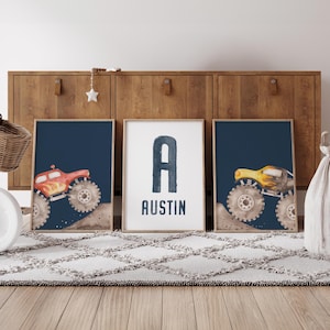 Monster Truck Wall Art, Set Of 3 Prints, Watercolor Custom Name, Printable Artwork, Boys Room Decor, Birthday Gift, Monster Truck Decor
