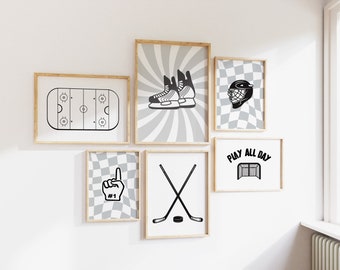 Arte de la pared de hockey, decoración del vivero deportivo, juego de impresiones de hockey de 6, decoración de hockey gris claro, cartel de hockey, obras de arte de hockey sobre hielo, descarga digital