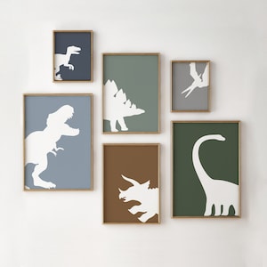 Juego de 6 dinosaurios imprimibles, decoración de guardería de dinosaurios, arte de pared de dinosaurios, triceratops, T-Rex, velociraptor, pterodáctilo, descarga digital