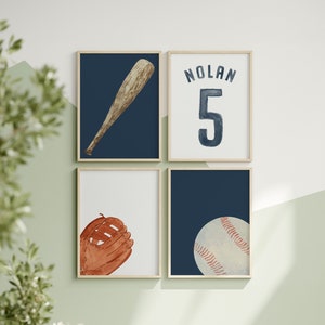 Baseball Wall Decor, Boys Room Decor, Watercolor Baseball Artwork, Baseball Prints, Set of 4, Watercolor Custom Name, Digital Download