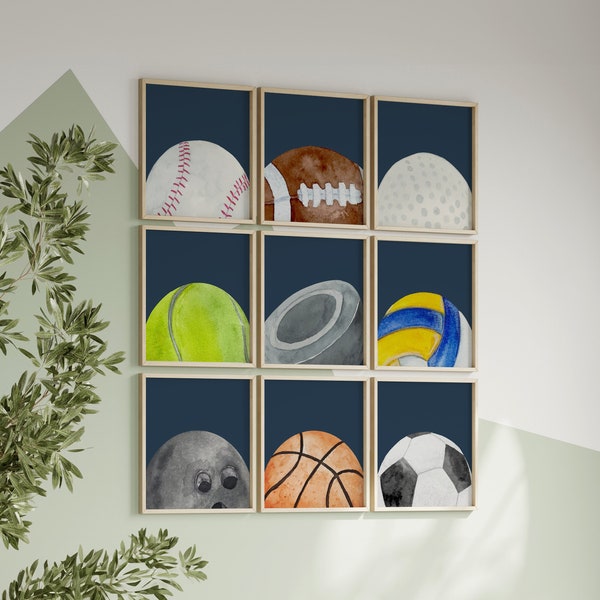 Arte infantil con pelotas deportivas en acuarela: Set de 9 láminas (descarga digital)