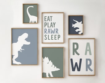 Dinosaur Nursery Art Prints: Playroom Decor Set of 6 (Digital Download)