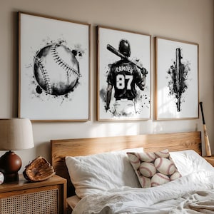Personalized Baseball Wall Art Set of 3 Prints - Custom Name & Number Watercolor Baseball Player