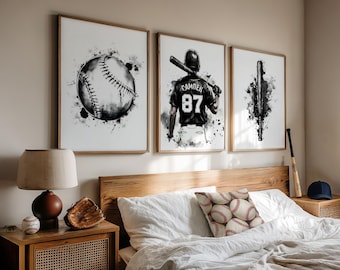 Personalized Baseball Wall Art Set of 3 Prints - Custom Name & Number Watercolor Baseball Player