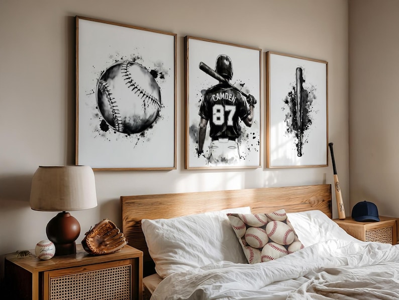 Personalized Baseball Wall Art Set of 3 Prints - Custom Name & Number Watercolor Baseball Player image 1