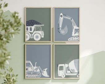 Construction Vehicles, Transportation Nursery, Construction Prints, Toddler Room Decor, Boys Bedroom Art, Set of 4, Instant Download