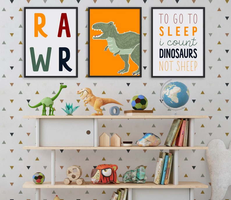 Dinosaur Nursery Wall Art Orange Set of 3 Printables | Etsy