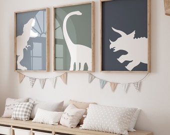 Conjunto de 3 impresiones de dinosaurios, impresión de T-Rex, póster de triceratops, braquiosaurio, decoración de pared de dinosaurio, decoración de bebé niño