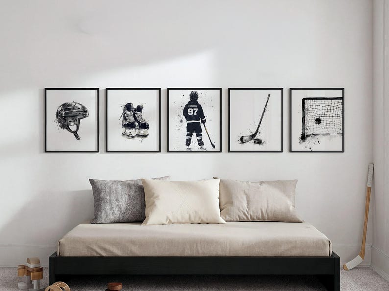 Personalized Hockey Wall Art, Custom Name & Number Watercolor Print, Build Your Own Set of 3 4 or 5 Posters, Boys Hockey Room Decor Gift imagem 5