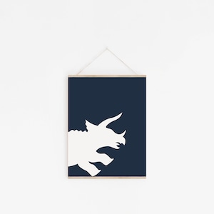 Dinosaur Prints, Set of 3 Posters, Navy Blue, Green and Mustard, Dinosaur Wall Art, T Rex Print, Triceratops, Brontosaurus, Digital Download image 3